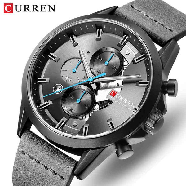 

curren luxury brand men's chronograph quartz watch men fashion military sport wristwatches leather waterproof analog male clock 210517, Slivery;brown