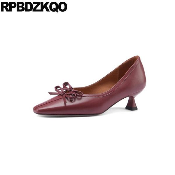 

cute wine red 11 43 medium heels size 33 big genuine leather kitten high square toe bow designer women luxury shoes pumps  42 dress, Black