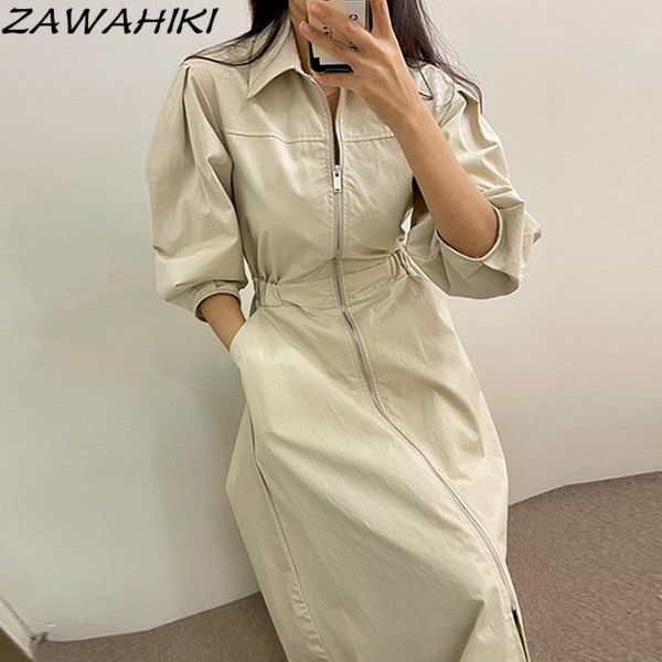 

casual dresses zawahiki autumn retro temperament vestido de mujer turn down collar zipper cardigan high waist mid-length puff long sleeve dr, Black;gray