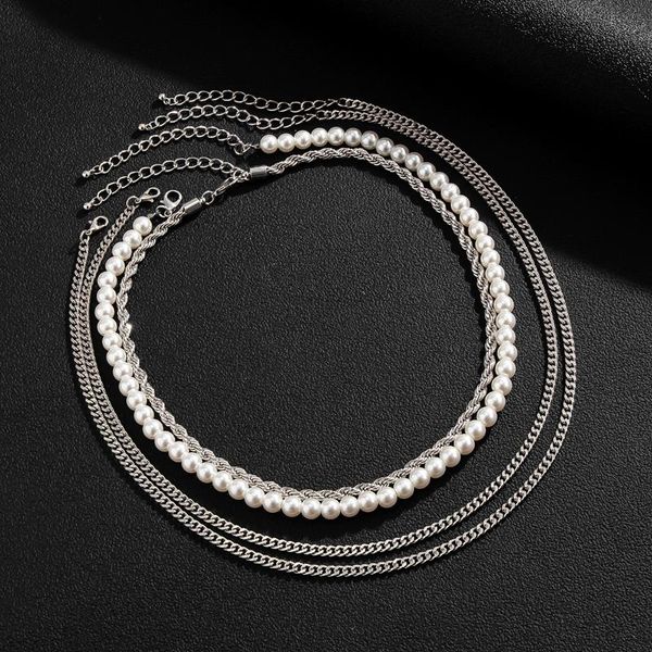 

chokers kunjoe 2021 trend pearl beads choker necklace sert for men/women hip hop classic twisted rope chain on the neck jewelry, Golden;silver