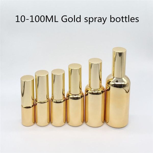 

10ml 15ml 20ml 30ml 50ml 100ml gold glass bottle with aluminum sprayer, essential oil spray perfume storage bottles & jars
