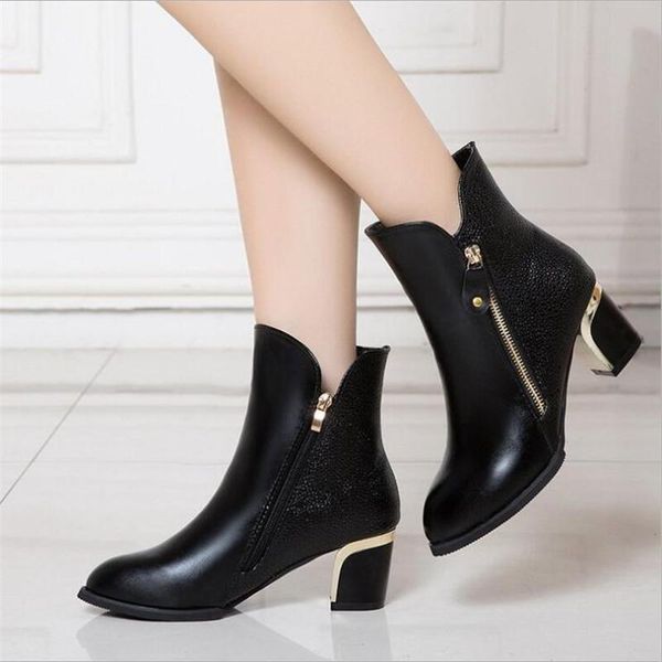 

boots fashion women side zip shoes waterproof non-slip warm and comfortable high-heeled bright party pointed toe, Black