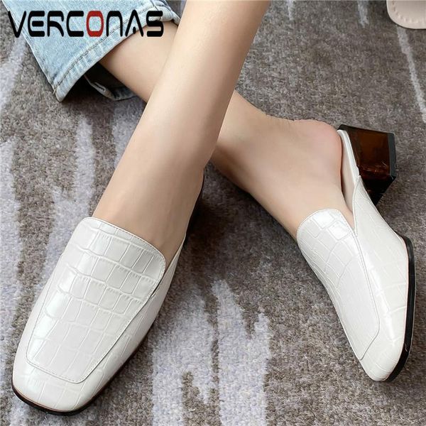 

dress shoes verconas women slippers summer mules thick heel vintage square toe genuine leather sandals basic heels woman, Black
