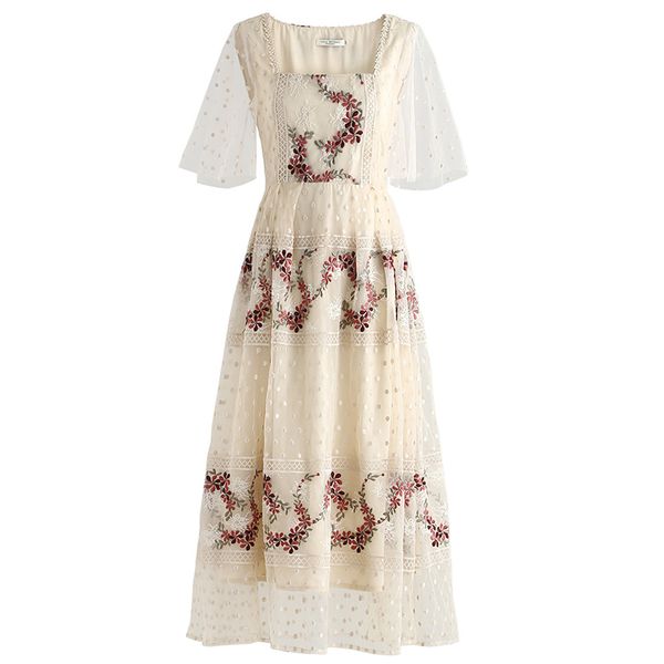 

apricot square collar mesh mori floral complicated embroidery short sleeve beach holiday midi dress summer d2423 210514, Black;gray