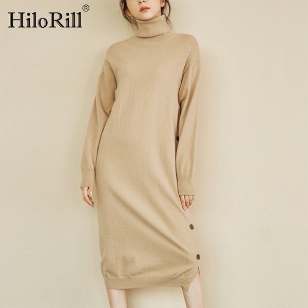 

women fashion long turtleneck sweater dresses side button split knitted chic sleeve solid casual 210508, Black;gray