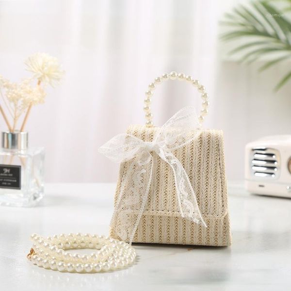 

children's mini handbag totes 2021 summer straw crossbody bags for kids small lace coin pouch baby girls rattan purse, White