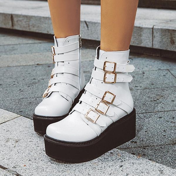 

boots plus size 46 flat platform buckles white black leisure cool punk gothic style women shoes ankle