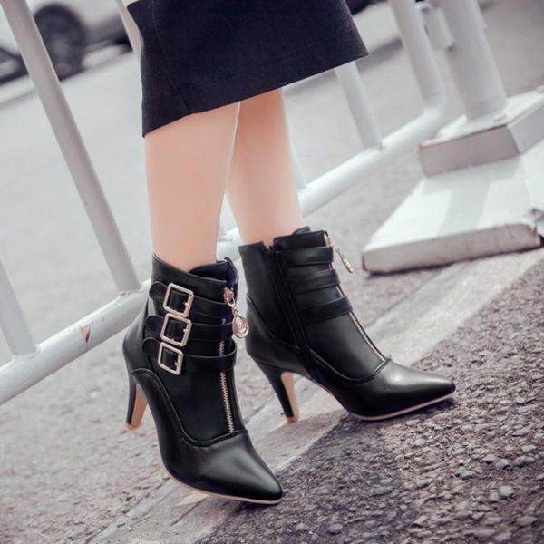 

boots pointed zipper buckle women's short large size 43 high heel female's ankle autumn winter waterproof single booties, Black