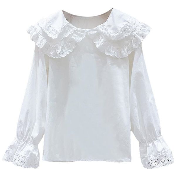 

women's spring autumn style blouse shirt women's solid color peter pan collar long sleeve ruffles elegant casual dd8436 210317, White