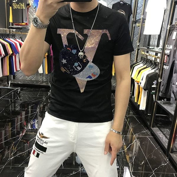 

men's t-shirts arrival letter of male strass t-shirt fashion short sleeve clothing thin neck modal cotton and size 5xl mjg4, White;black