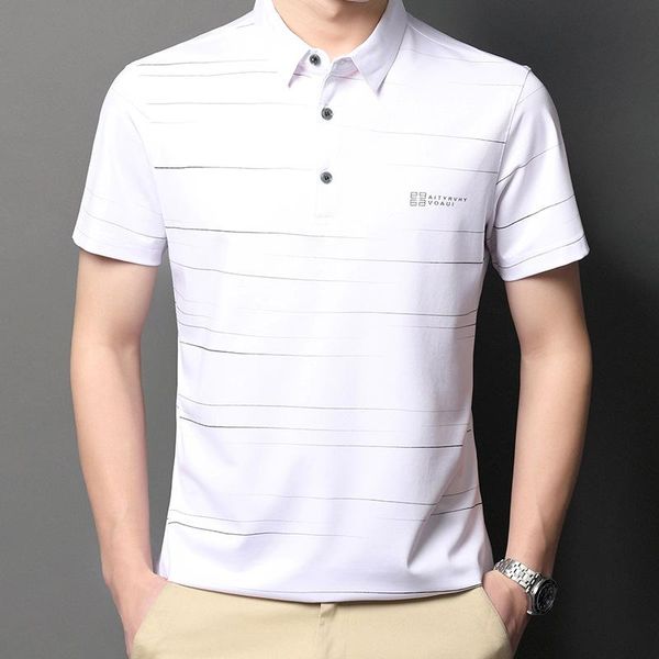 

silk short sleeve t-shirt men's lapel summer trend breathable loose half casual wear pants, Black