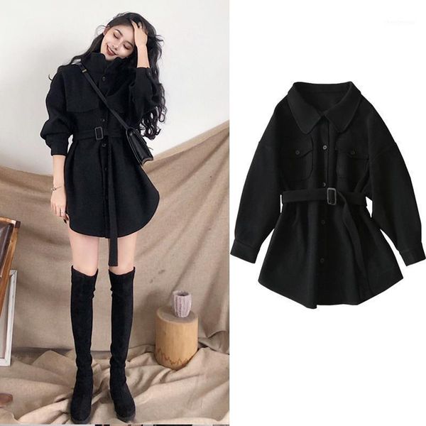 

women's wool & blends women black elegant winter overcoat long bandage woolen coat slim fit outerwear with pocket turn down collar
