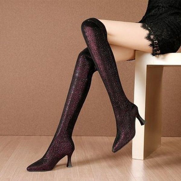 

boots arrival ladies pointed toe thigh high shoes party long women heels, Black