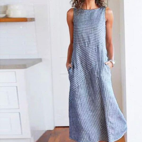 

women summer dress casual striped sleeveless crew neck linen pocket long dresses fashion beach vestidos, Black;gray