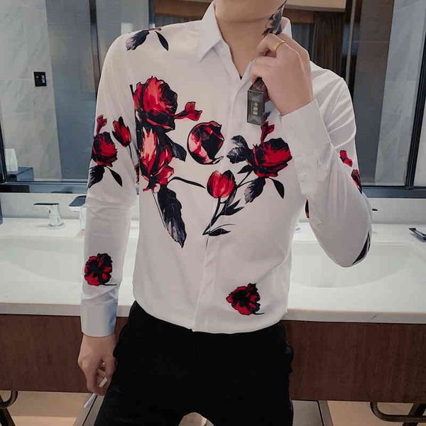 

men's casual shirts coreano magro ajuste masculino floral camisas de manga longa moda turn down collar clube todos os jogos streetwear, White;black