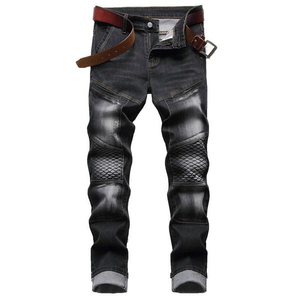 

men's jeans 2021 autumn spring streetwear hip hop punk stretch skateboard moto bike trendy straight denim trouers, Blue