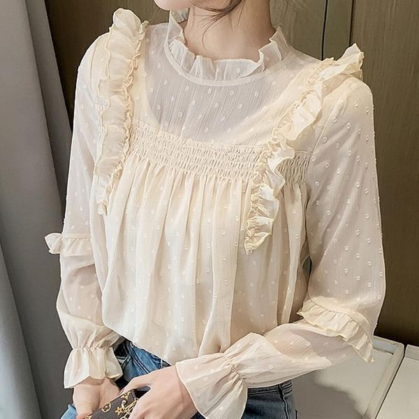 

women's blouses & shirts long sleeve ruffles chiffon blouse shirt women blusas mujer de moda 2021 stand collar blusa e373, White