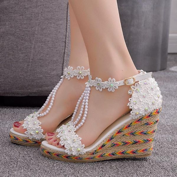 

dress shoes fashion women wedge sandals white lace flowers tassel bridal fine high heels open toe summer wedding large, Black