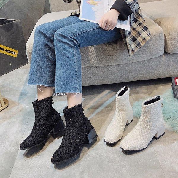 

boots square toe thick heel short boot women's shoes autumn winter fashion cotton british style, Black