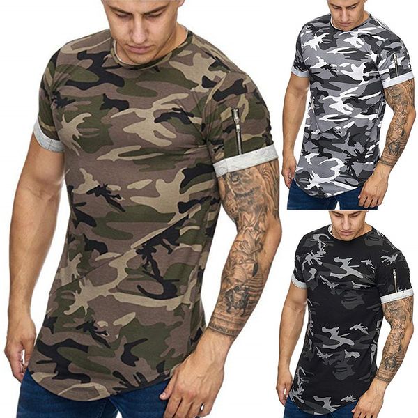 Manga curta casual t - shirts Inclinação digital Imprimir design Camo padrão elástico slim t-shirts