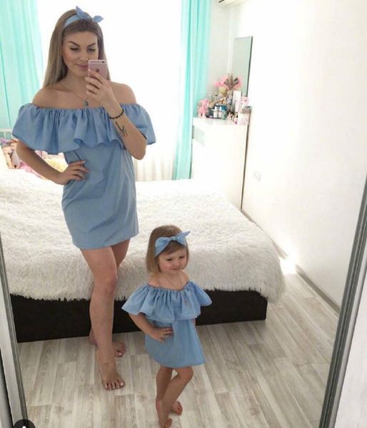 

family matching outfits ppxx girl women dress hairband off shoulder ruffle mother daughter wedding clothes outfit look, Blue