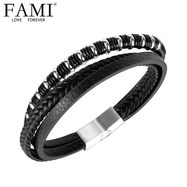 

bangle fami multi-layer leather woven magnetic buckle men's bracelet japan and south korea trend fashion personality simple retr, Black