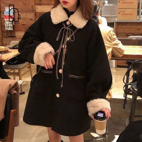 

women's wool & blends women black oversized ladies woolen coat female patchwork high waist warm ulzzang preppy style jaqueta feminina
