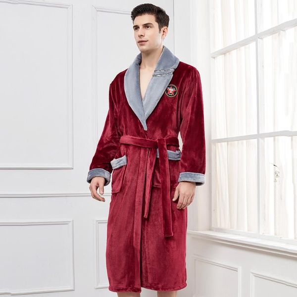 

men's sleepwear long kimono robe casual winter bathrobe gown men flannel homewear intimate lingerie coral fleece nightgown, Black;brown