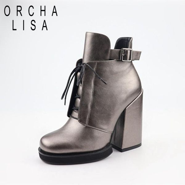 

boots orcha lisa thick high heel platform height ankle women lace up pointed toe 12cm chunky heels shoe boot ladies shoes, Black