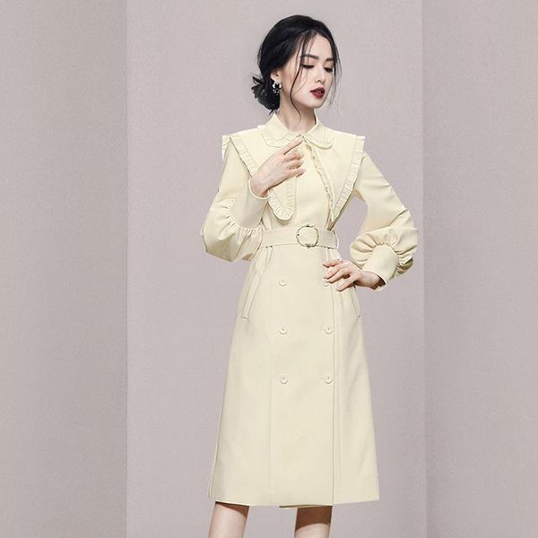 

women's trench coats autumn wear dust coat lantern sleeve dress designer temperament of high-end baby dolls led long in the waist, Tan;black