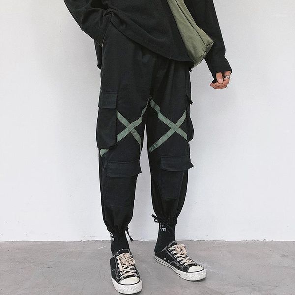 

men's pants spring and autumn the men solid color big pocket casual symbol tie feet sports jogging, Black