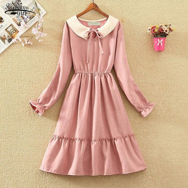 

casual dresses long sleeve a-line doll collar vintage elastic waist slim dress bow tie women korean autumn vestidos 12068, Black;gray