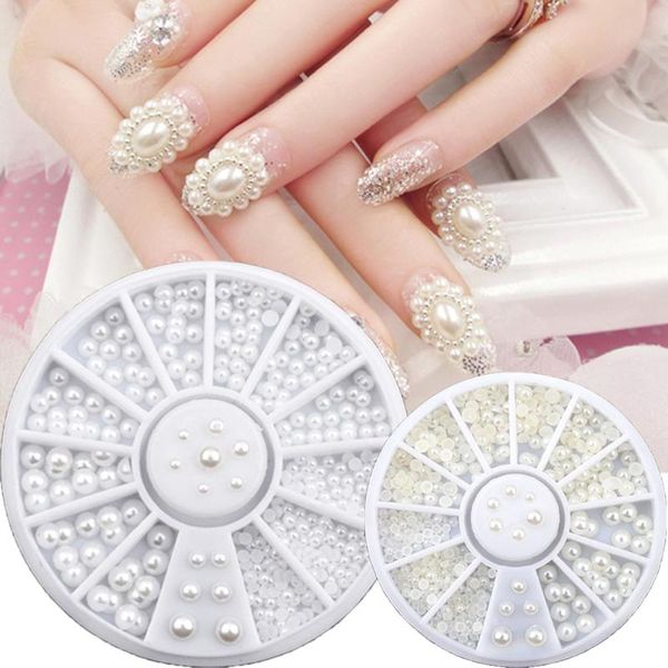 

nail art decorations mixed size diy 2/3mm half round white pearl beads rhinestone wheel decoration beauty tools salon manicure supply, Silver;gold