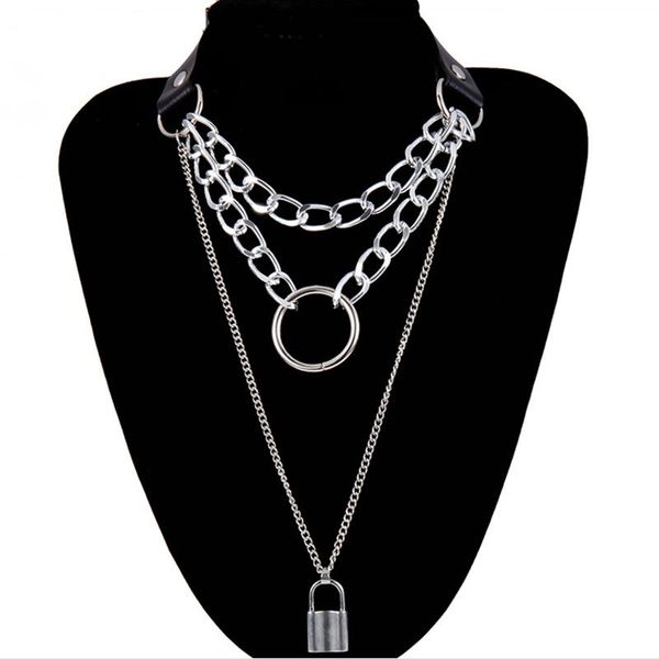 

pendant necklaces punk padlock circle chain necklace multi layer lover lock choker steampunk collier couple jewelry gift, Silver