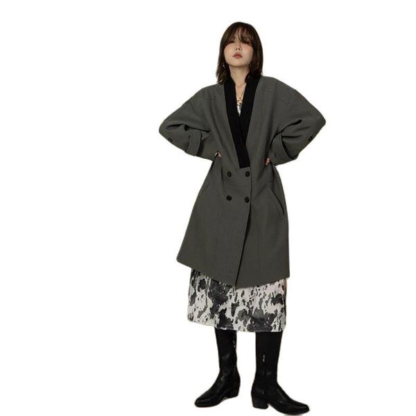 

women's trench coats getspring women coat patchwork windbreaker double breasted loose long oversized autumn 2021, Tan;black