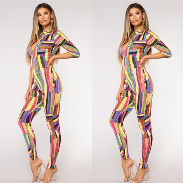 

women's jumpsuits & rompers 2021 women print zipper long sleeve bodycon skinny jumpsuit motobike casual playsuit romper club, Black;white