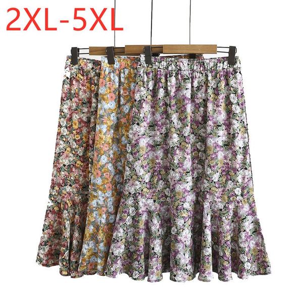 

skirts 2021 ladies summer plus size midi skirt for women large loose liner floral print flower pleated 2xl 3xl 4xl 5xl, Black