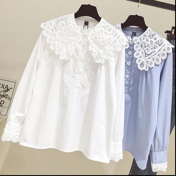 

womens shirt lace lapel long sleeve fall korean loose casual blouse women fashion street large size white blue