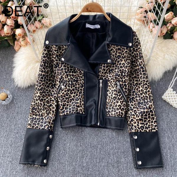 

women's leather & faux deat women leopard patchwork lapel jacket arrivals long sleeve fashion temperament autumn winter 2021 11d4510, Black