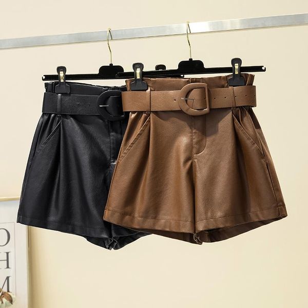 

plus size women clothes fall/winter high waist pu leather shorts girls lady black elastic loose big yards woman women's, White;black