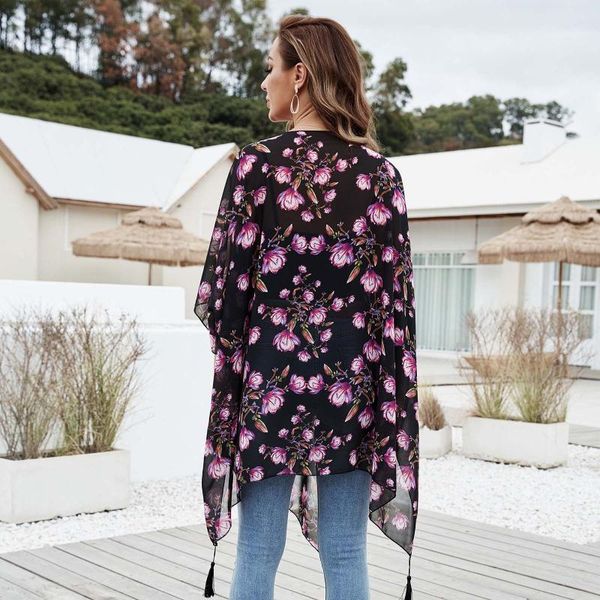 

women's t-shirt floral print chiffon woman t-shirts long sleeve harajuku casual vintage tee loose stretchy summer female t shirt, White
