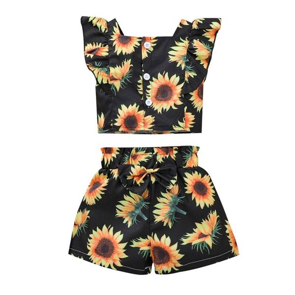 

clothing sets baby girl clothes set toddler kids girls ruffle sunflower botton t-shirt +bow shorts outfit ropa #40, White