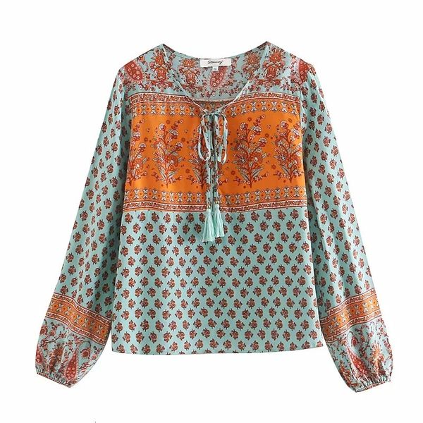 

women's blouses & shirts women bohemian floral print blouse fashion spring summer cotton long sleeve drawstring boho beach ho, White