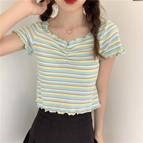 

women's t-shirt summer korean short paragraph sweet pleated wooden ear short-sleeved wild v-neck striped women, White