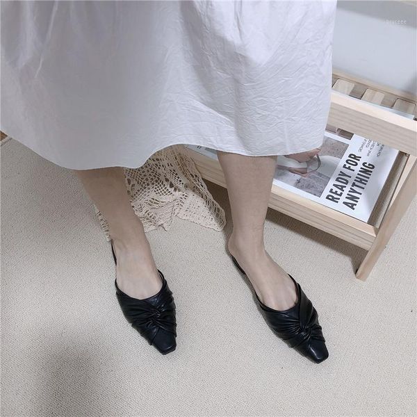 

sandals summer ladies low-heeled leather toe caps spring fashion stiletto muller bow flat half-drag1, Black