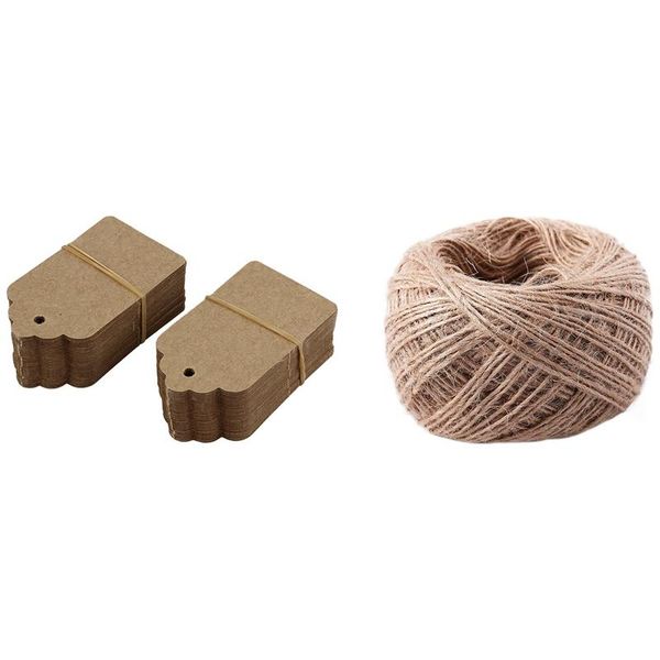 

promotion 100 meter - natural textured hessian jute twine string 1mm with 100pack rustic 40mmx70mm scalloped kraft paper card gift wrap