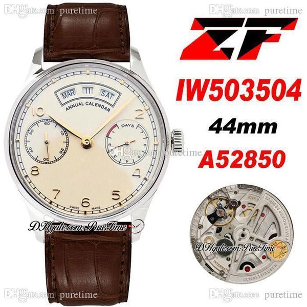

zf pr real annual calendar iw503504 a52850 automatic mens watch 44mm steel case silver dial number markers brown leather strap super edition, Slivery;brown