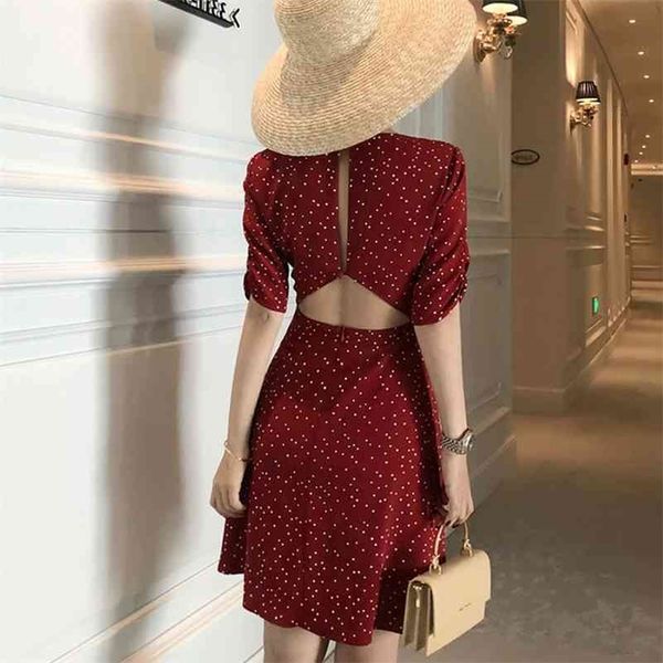 

bella style korean-style women's wear french-waist hing a- line v-neck backless short sleeve dress 210630, Black;gray