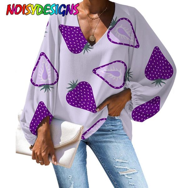 

women's blouses & shirts noisydesigns purple strawberry long sleeve women 2021 plus size v collar blouse shirt casual chiffon custom, White