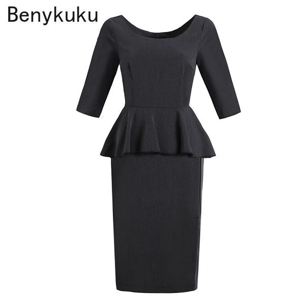 

autumn vintage ruffles sold black red peplum dresses 3/4 length sleeve elegant business office bodycon fitted women pencil dress casual, Black;gray